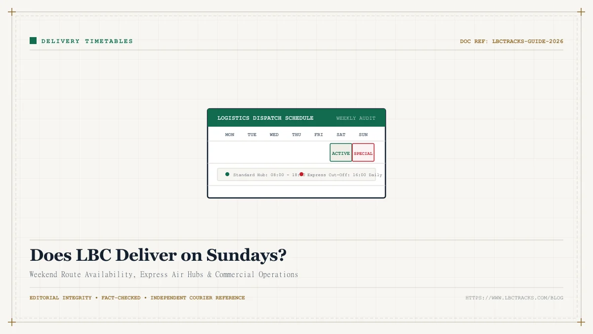 Calendar page showing Sunday with delivery van icon explaining LBC weekend shipping