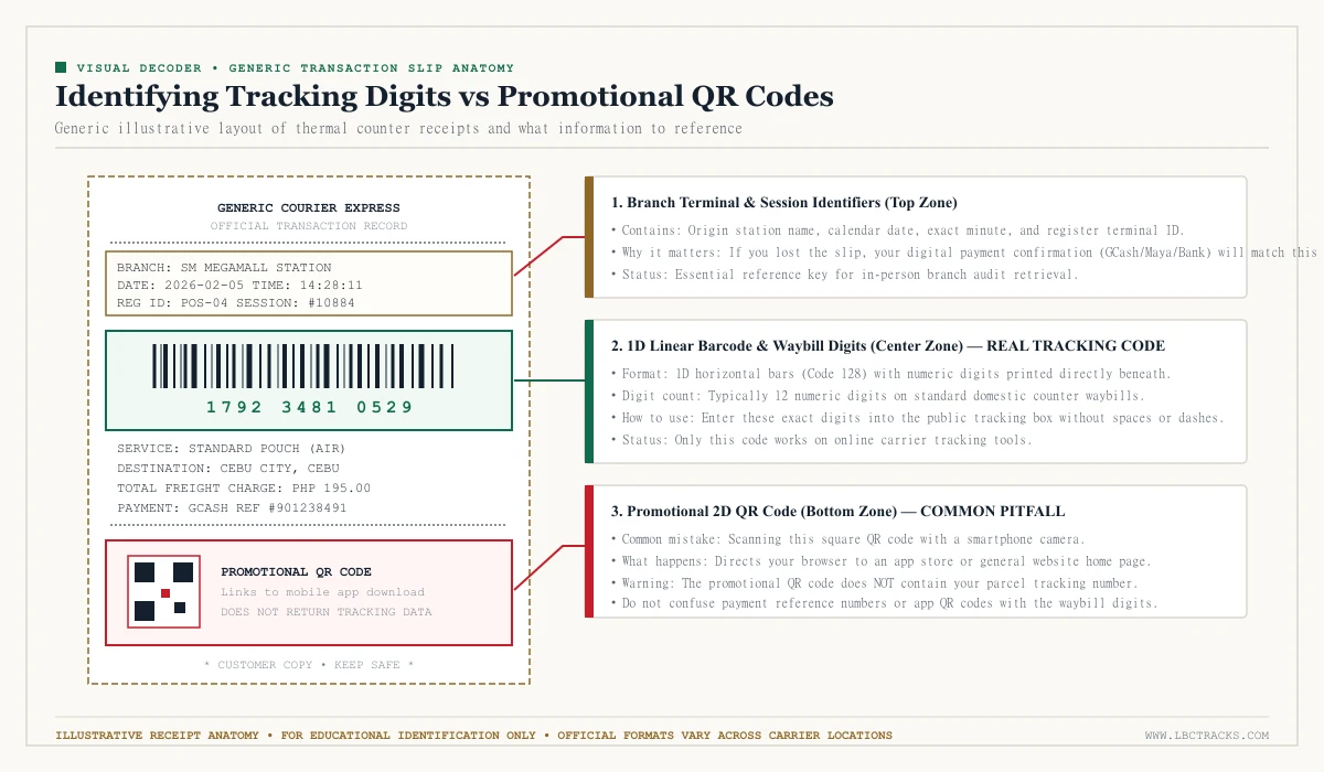 Illustrative diagram showing tracking digits versus promotional QR codes on a generic courier receipt
