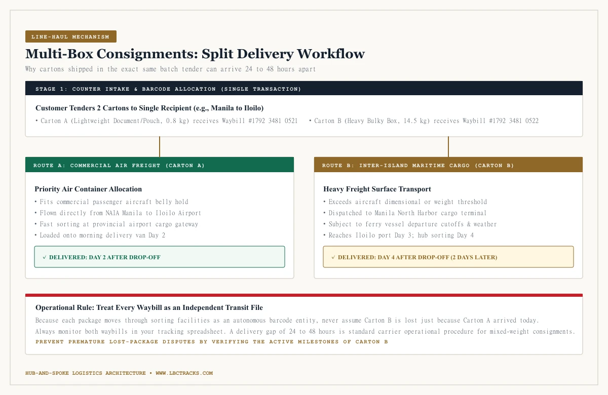 Hub-and-spoke split delivery flowchart explaining why cartons shipped together separate across air freight and maritime cargo