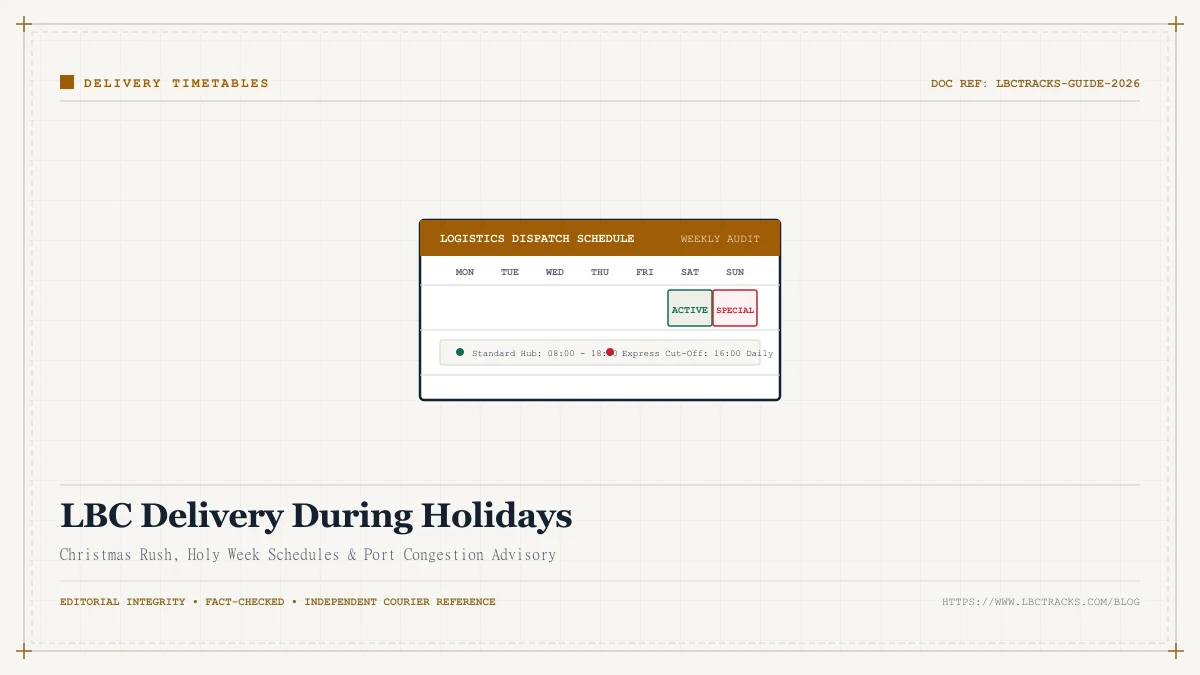 Holiday calendar and gift delivery van graphic showing LBC holiday shipping schedules