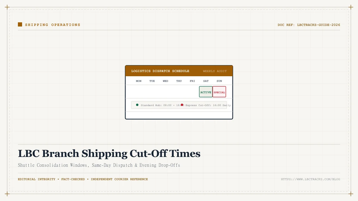 Clock and shuttle van graphic showing LBC shipping cut-off times and departure deadlines