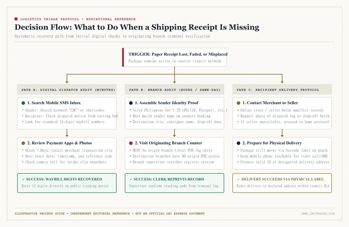 Decision flow diagram explaining recovery steps when an LBC shipping receipt is missing