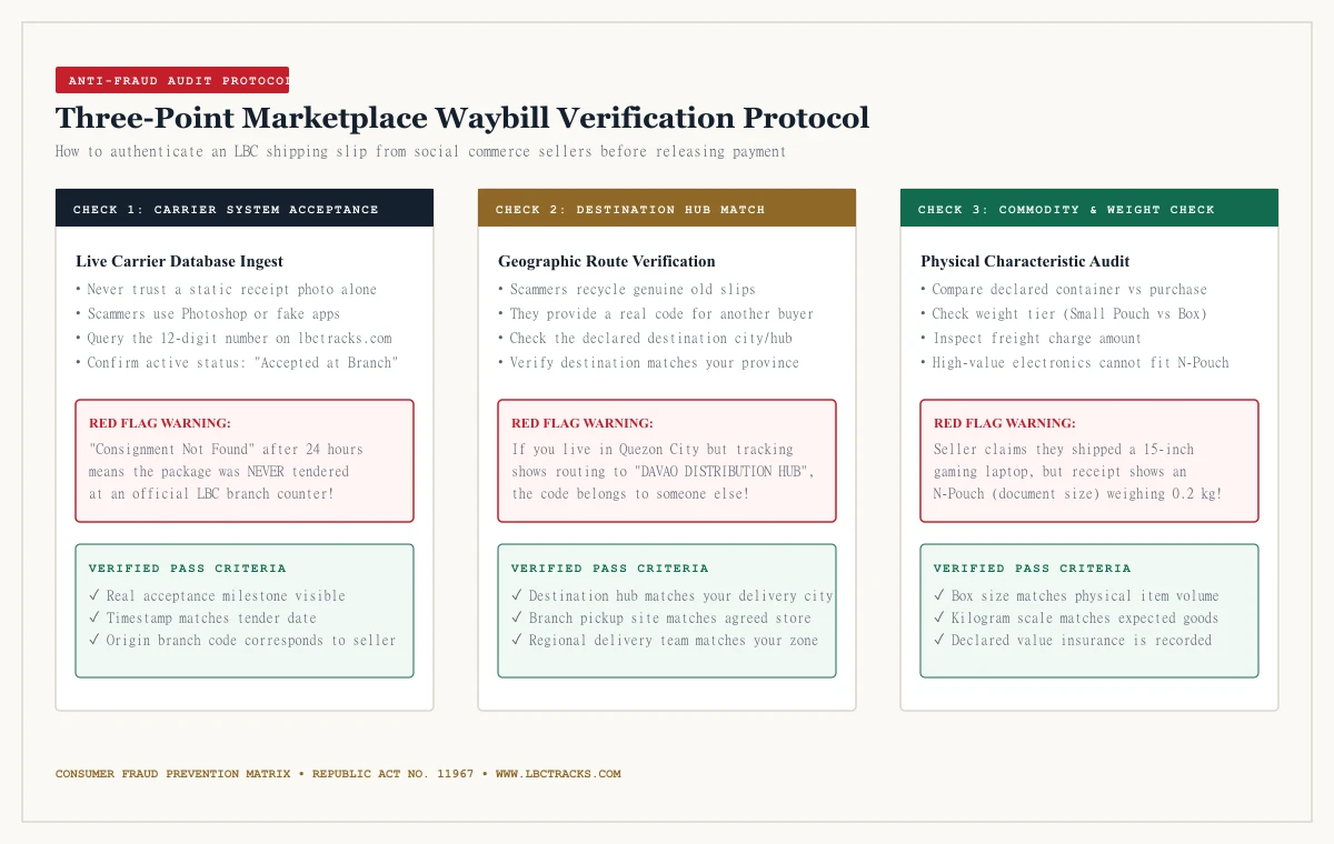 Three-point consignment verification protocol diagram showing checks for carrier system acceptance, destination hub matching, and parcel weight alignment