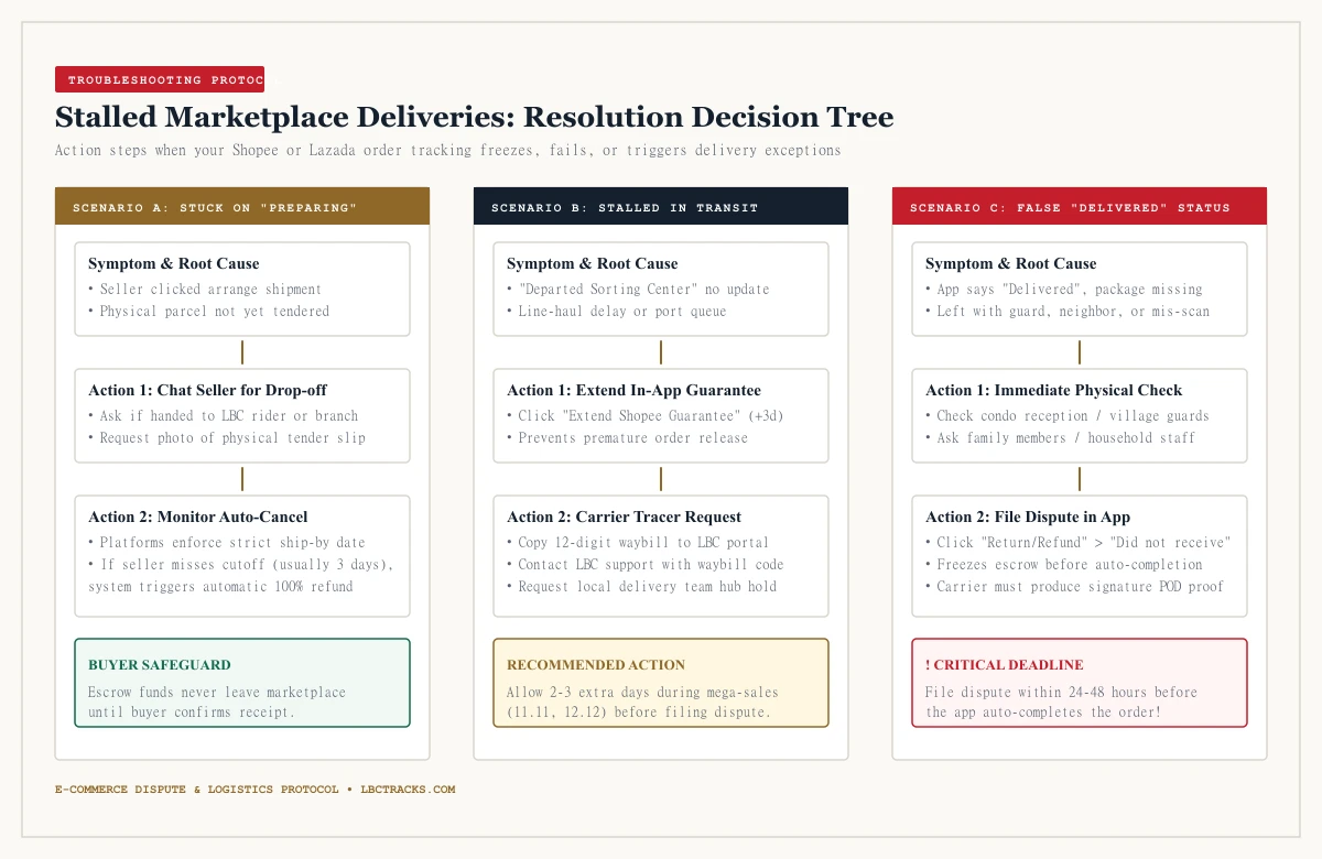 Troubleshooting decision tree flowchart for stuck, delayed, or false delivered Shopee and Lazada parcels