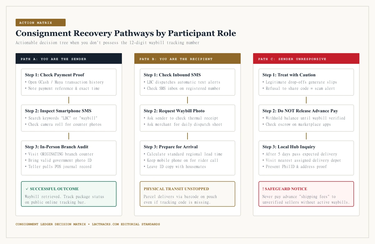 Decision flowchart showing recovery pathways for senders, recipients, and marketplace shoppers lacking an LBC tracking number